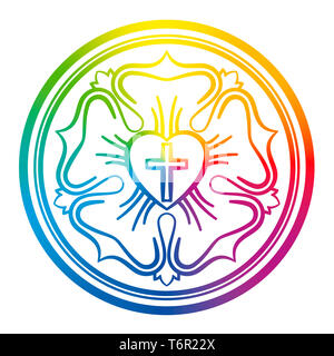 Lutero simbolo di rose. Rainbow segno colorato del luteranesimo e protestanti, costituito da una croce, un cuore, un unica rosa e un anello. Foto Stock