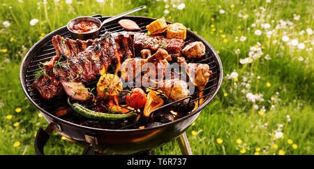 Spare ribs piccanti, assortimento di verdure e pollo Cosce di pollo disossate la cottura alla griglia su un portatile barbecue esterno in un prato di primavera con denti di leoni in un panorama fo Foto Stock