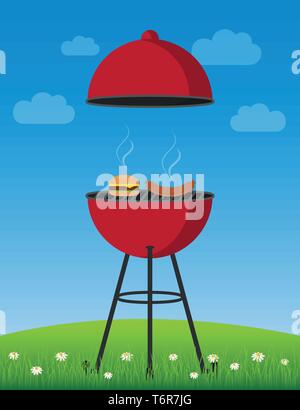 Tempo di barbecue in estate red bollitore barbecue con salsiccia e burger illustrazione vettoriale EPS10 Illustrazione Vettoriale