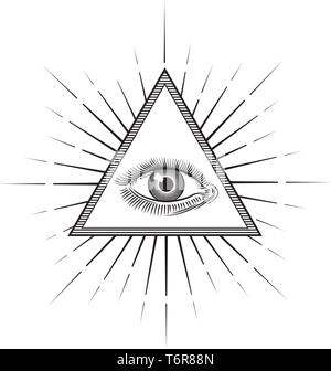 Vintage stile di incisione occhio della Provvidenza o All Seeing Eye all'interno della piramide triangolare. La religione, di spiritualità e di occultismo simbolo vettore isolato illus Illustrazione Vettoriale