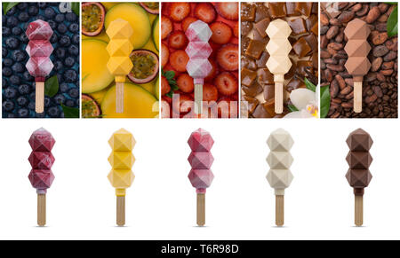 Gelati e popsicles isolati su sfondo bianco. cucina molecolare. gelati su un bastone. gelati preparati con azoto Foto Stock