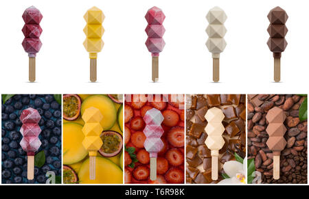 Gelati e popsicles isolati su sfondo bianco. cucina molecolare. gelati su un bastone. gelati preparati con azoto Foto Stock