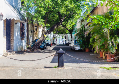 Vicolo Macorix, quartiere tipico della zona coloniale di Santo Domingo Repubblica Dominicana, coperto da alberi tropicali che danno una freschezza e gr Foto Stock