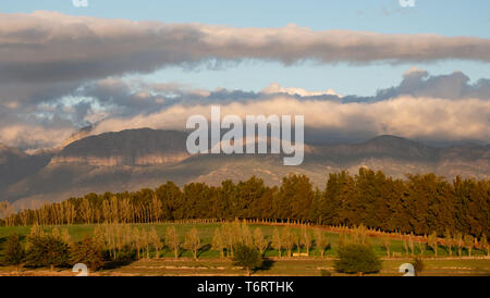 Tramonto sulle colline vicino Babylonstoren, Franschhoek, Strada del Vino del Sud Africa Foto Stock