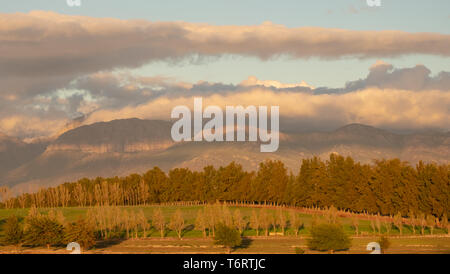 Tramonto sulle colline vicino Babylonstoren, Franschhoek, Strada del Vino del Sud Africa Foto Stock