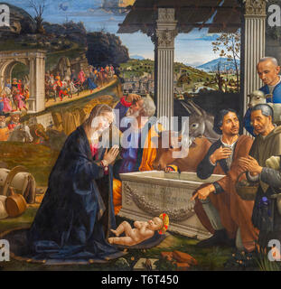 Adorazione dei Pastori, Domenico Ghirlandaio, 1483-1485, Capella Sassetti, Cappella Sassetti, Chiesa di Santa Trinita, Firenze, Italia Foto Stock