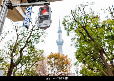 Tokyo, Giappone quartiere Sumida area con skytree tower nel centro cittadino sul giorno nuvoloso con semaforo sulla strada con segno giapponese per 'pulsante s Foto Stock