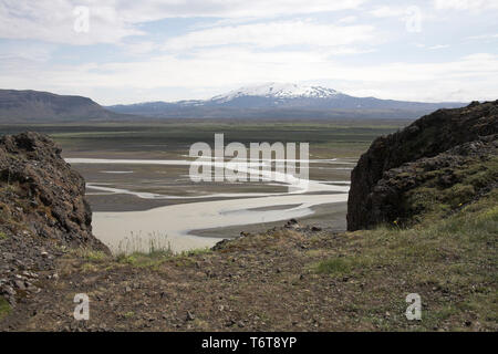 Pjorsa o fiume Thors e Hekla Vulcano Islanda Luglio 2009 Foto Stock