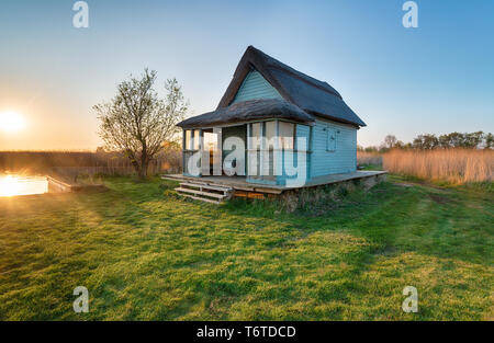 Un cottage con tetto in paglia vicino a Martham Norfolk Broads Foto Stock