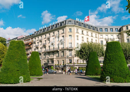26 ago 2018. Ginevra, Svizzera. Un albergo di lusso a cinque stelle, Beau Rivage vicino al lago di Ginevra. Foto Stock