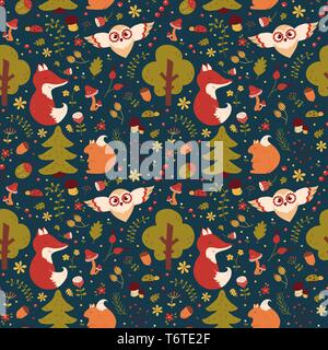 Forest seamless pattern con disegnati a mano animali, fiori e piante. Carino natura tessile in blu, verde, rosso, arancione e bianco colori. Vector backgrou Illustrazione Vettoriale