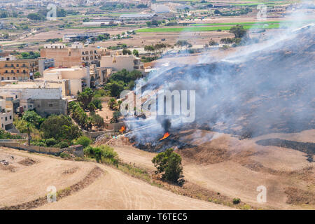 Fuoco d'erba in una calda giornata estiva nei pressi di abitazioni locali in Isola di Gozo, Malta. Foto Stock