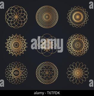 Geometria Sacra dei simboli. Set di disegno vettoriale elementi isolati su sfondo nero. Illustrazione Vettoriale