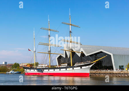 Glenlee Tall Ship, costruito nel 1896, a tre masted barque, ora ormeggiato sul fiume Clyde al Riverside Transport Museum di Glasgow, Scotland, Regno Unito Foto Stock