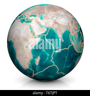 Placche tettoniche si muovono costantemente, fare nuove aree di oceano pavimento, edificio montagne, causando terremoti e creazione di vulcani. Mappa. Foto Stock