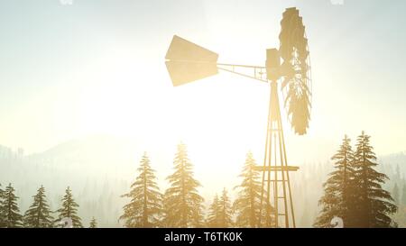 Tipico Vecchio Mulino a Vento turbina nella foresta al tramonto Foto Stock