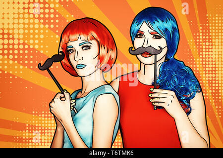 Le femmine in rosso e blu parrucche. Ragazze con false moustashes in mani Foto Stock