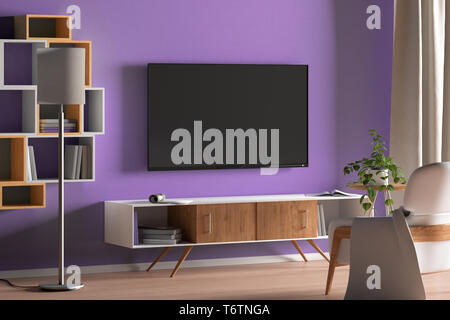 Schermo TV sulla parete viola nel moderno soggiorno Foto Stock
