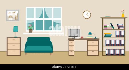 Sala interna con divano scaffali di libri con finestra e cassettiera su uno sfondo beige Illustrazione Vettoriale