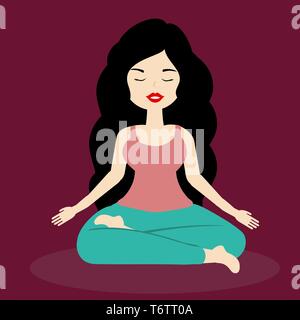 Bruna ragazza medita rilassato nella posa di yoga su una rosa backgtound Illustrazione Vettoriale