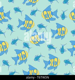 Vector seamless pattern con il cartoon di mare pesce in mare o acquario giallo con il blu per il tessile e la stampa Illustrazione Vettoriale