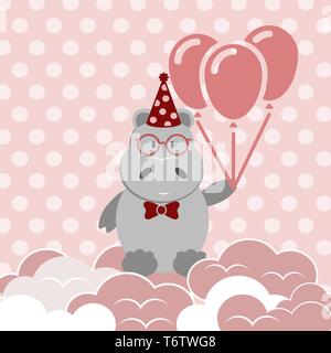 Grazioso cartoon biglietto di auguri per il compleanno di vacanza o il giorno di San Valentino con l'animale ippopotamo grigio con un inchino e il cappuccio e palloncini in Illustrazione Vettoriale