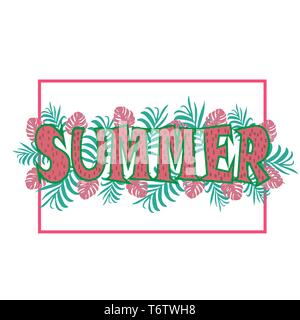 Vettore banner bello bigboard rosa con foglie di palme e verde con iscrizione di testo estate con cocomero lettere sullo sfondo bianco Illustrazione Vettoriale