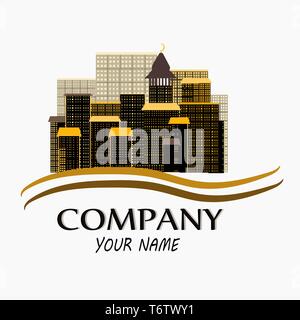 Vettore banner del logo per la società di pubblicità con il testo con la città e ospita in color giallo oro su sfondo bianco Illustrazione Vettoriale