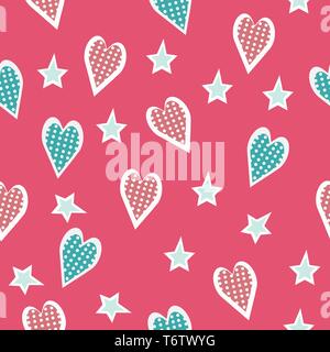 Vector seamless pattern con cuori nei piselli con stelle su uno sfondo di colore rosa per la stampa e l'abbigliamento tectil Illustrazione Vettoriale