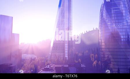Città skyscrapes con lente flairs al tramonto Foto Stock