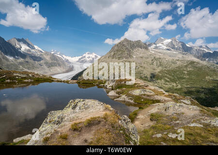 Vista da Tällisee del grande ghiacciaio di Aletsch Foto Stock