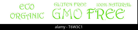 Eco, organico, senza glutine, naturale al cento per cento il testo su banner bianco. Ogm free lettering. Foto Stock