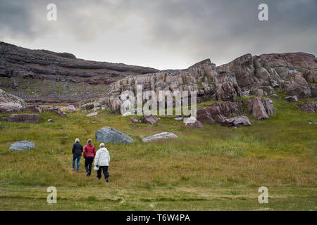 I turisti a Igaliku antiche rovine dei norvegesi a Gardar, Groenlandia meridionale Foto Stock