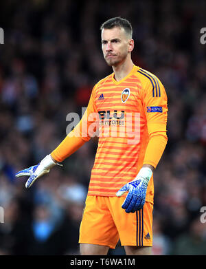 Valencia portiere Neto durante la UEFA Europa League Semi finale, la prima gamba corrispondono all'Emirates Stadium di Londra. Foto Stock