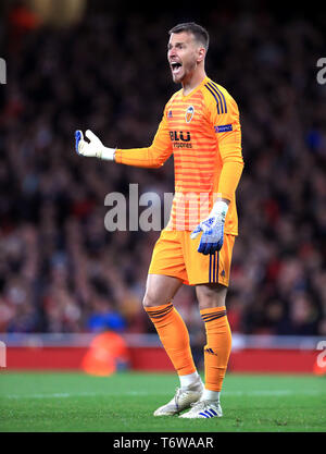 Valencia portiere Neto durante la UEFA Europa League Semi finale, la prima gamba corrispondono all'Emirates Stadium di Londra. Foto Stock