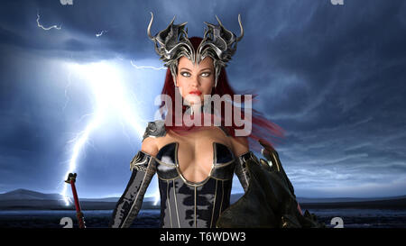 Antica regina del guerriero, femmina fantasy fighter in battaglia armor con corona, ritratto, rendering 3D Foto Stock