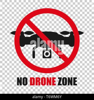 Nessuna zona di drone segno icona in stile trasparente. Divieto Quadrocopter illustrazione vettoriale su sfondo isolato. Elicottero vietato volo concep business Illustrazione Vettoriale