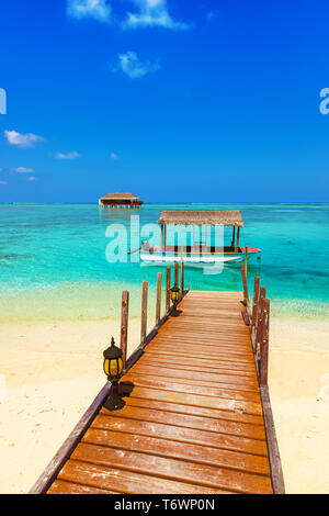 Barca e bungalow sull isola di Maldive Foto Stock