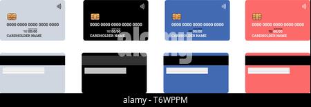 Banca di credito di plastica di debito o di smart card di carica i lati anteriore e posteriore con il chip EMV e striscia magnetica. Blank template design mockup. Vecto Illustrazione Vettoriale