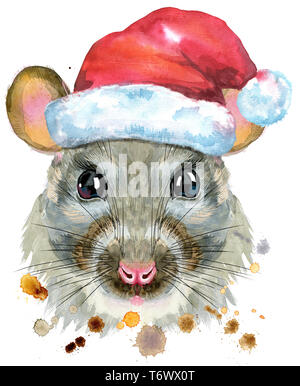 Carino rat in Santa hat per t-shirt grafica. Acquerello illustrazione di ratto Foto Stock