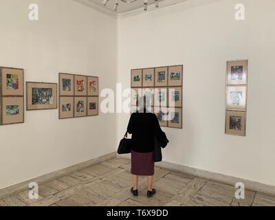 Bratislava, Slovacchia. Il 2 maggio, 2019. Una donna viste le opere in una mostra di Pablo Picasso in città di Bratislava Galleria a Bratislava, in Slovacchia, il 2 maggio 2019. La mostra che presenta 123 di Picasso del graphic lettere si terrà fino al 2 giugno. Credito: Jiang Xue/Xinhua/Alamy Live News Foto Stock