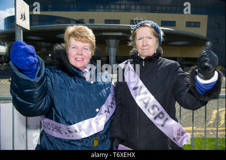 Aberdeen, Regno Unito. Il 3 maggio, 2019. Donne WASPI protestando al di fuori della AECC al Partito conservatore scozzese conferenza presso la Aberdeen Exhibition Conference Center di Aberdeen. Credito: Colin Fisher/Alamy Live News Foto Stock