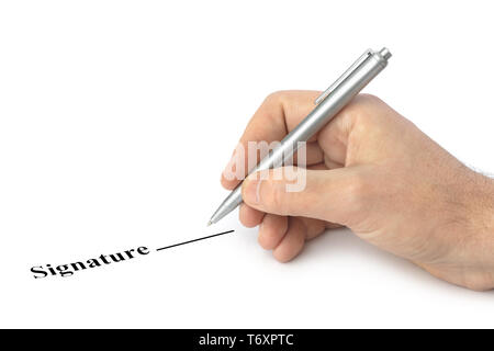 Mano con penna e contratto Foto Stock