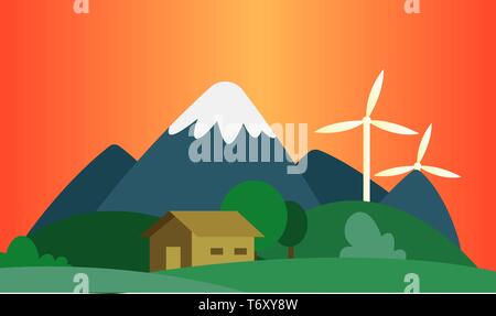 Tramonto in montagna dove utilizza il vento come una risorsa illustrazione vettore su sfondo bianco Illustrazione Vettoriale