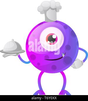 Uno eyed purple monster chef illustrazione vettore su sfondo bianco Illustrazione Vettoriale