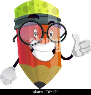 Matita rossa con gli occhiali dando un pollice su illustrazione vettore su sfondo bianco Illustrazione Vettoriale