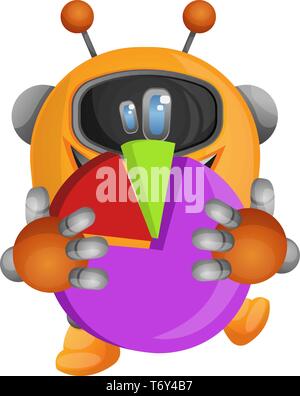 Robot Cartoon tenendo un grafico a torta illustrazione vettore su sfondo bianco Illustrazione Vettoriale