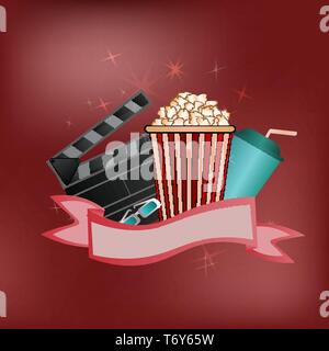 Poster del vettore per la pubblicità cinematografica o film su uno sfondo rosso con pop-corn, bicchieri, 3d e Fermo telaio Illustrazione Vettoriale