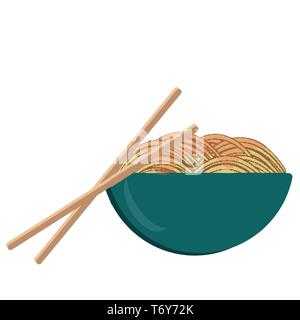 Immagine vettoriale con cucina nazionale giappone asia tagliatelle in blu turchese piastra con canne di bambù su sfondo bianco Illustrazione Vettoriale