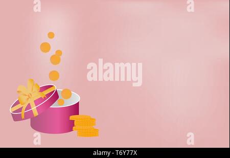Vettore sfondo bello rosa per banner pubblicitari finanziari store deposito bancario con denaro centesimi monete in una confezione regalo con un fiocco di colore giallo con una s Illustrazione Vettoriale
